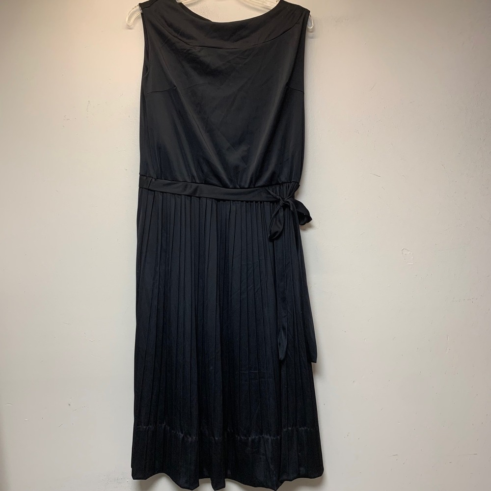 Kerrybrooke Pleated Midi Dress Womens M Black Excellent Vintage Boat Neck Belted